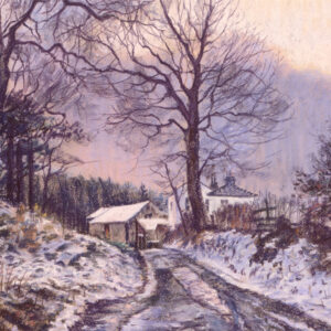 This is a signed limited edition print of an original soft pastel painting by artist Michael Howley. The subject of the painting is a country lane in winter which leads to a farmhouse and some fir trees beyond. There are winter trees either side of the lane and the sky has snowy clouds of soft purples and pinks. The snow in the foreground has a purple cast.