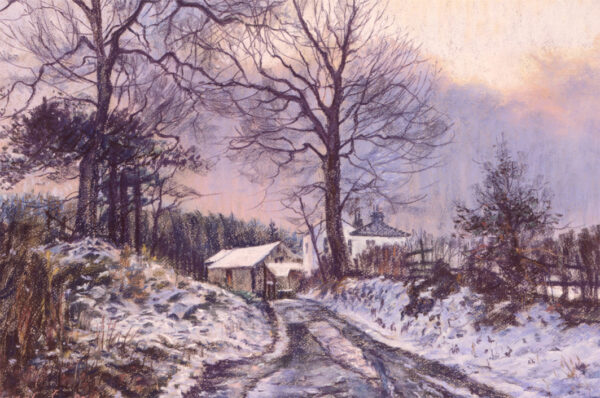 This is a signed limited edition print of an original soft pastel painting by artist Michael Howley. The subject of the painting is a country lane in winter which leads to a farmhouse and some fir trees beyond. There are winter trees either side of the lane and the sky has snowy clouds of soft purples and pinks. The snow in the foreground has a purple cast.