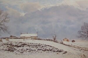 This is a signed limited edition print of an original soft pastel painting by artist Michael Howley. The subject of the painting is a farmhouse across a field in the snow. The blue-grey clouds in the background are rolling by and have just covered the landscape in snow. There are bare winter trees to right and left.