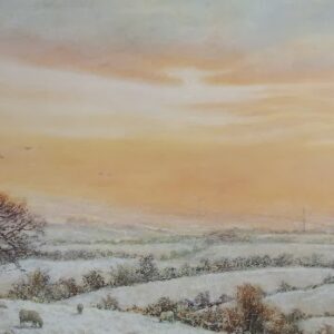 This is a signed limited edition print of an original soft pastel painting by artist Michael Howley. The subject of the painting is an atmospheric winter landscape with a bare tree to the left and dry stone walls and bushes in the distance. The sky colours range from soft blues and purples to warm oranges, pinks and reds with a burst of creamy white light.