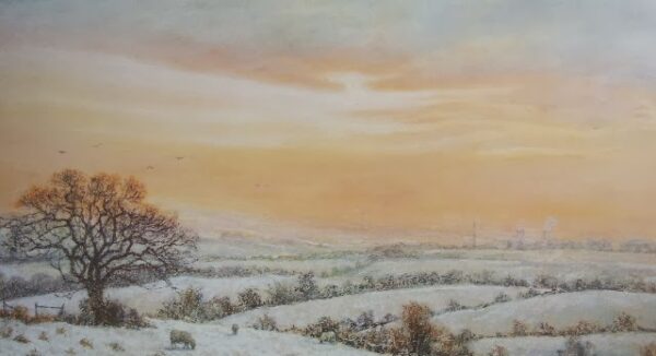 This is a signed limited edition print of an original soft pastel painting by artist Michael Howley. The subject of the painting is an atmospheric winter landscape with a bare tree to the left and dry stone walls and bushes in the distance. The sky colours range from soft blues and purples to warm oranges, pinks and reds with a burst of creamy white light.