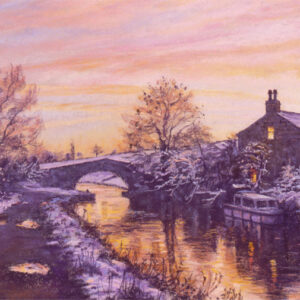 This is a signed limited edition print of an original soft pastel painting by artist Michael Howley. The subject of the painting is a bridge over the canal with a farmhouse next to it, some winter trees and boats mooring. A witer scene with warm oranges and pinks of sunset which are reflected in the frozen surface of the canal. The snow on the landscape has a purple cast to it and a path leads into the picture on the left.