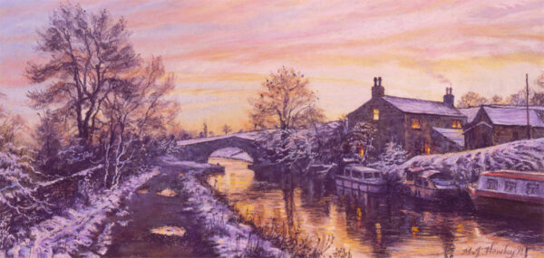 This is a signed limited edition print of an original soft pastel painting by artist Michael Howley. The subject of the painting is a bridge over the canal with a farmhouse next to it, some winter trees and boats mooring. A witer scene with warm oranges and pinks of sunset which are reflected in the frozen surface of the canal. The snow on the landscape has a purple cast to it and a path leads into the picture on the left.