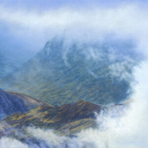 This is a signed limited edition print of an original soft pastel painting by artist Michael Howley. The subject of the painting is an atmospheric misty mountain scene as Ben Nevis begins to emerge. The distant blue Mountain disappears into the mist as middle distance mountain forms gradually come into view. The whole feeling is as if the viewer is there in the scene being surrounded by the swirling clouds and mist.