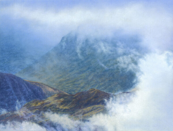 This is a signed limited edition print of an original soft pastel painting by artist Michael Howley. The subject of the painting is an atmospheric misty mountain scene as Ben Nevis begins to emerge. The distant blue Mountain disappears into the mist as middle distance mountain forms gradually come into view. The whole feeling is as if the viewer is there in the scene being surrounded by the swirling clouds and mist.