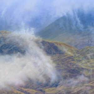 This is a signed limited edition print of an original soft pastel painting by artist Michael Howley. The subject of the painting is a close-up view of Ben Nevis as it emerges from swirling mist and cloud. There is s suggestin of distant blue mountain forms which disappear in the mist as middle distance mountain forms becvome clearer. Background colours are pastel blues and blue-greys but colours become warmer in the foreground with earthy greens, browns and dark purple-browns. A large cloud of white mist swirls in from the left.