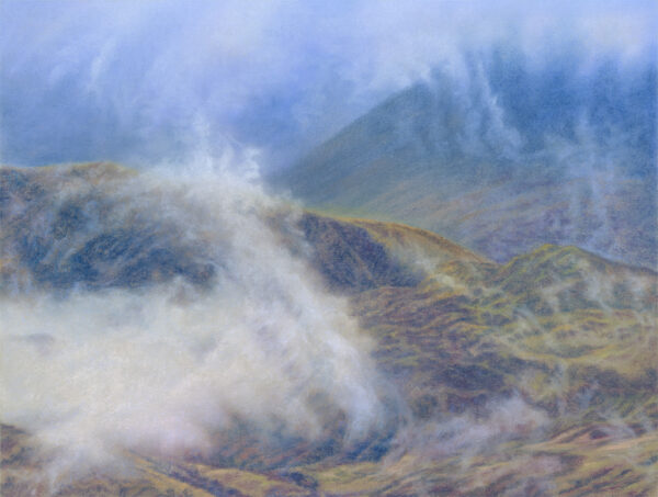 This is a signed limited edition print of an original soft pastel painting by artist Michael Howley. The subject of the painting is a close-up view of Ben Nevis as it emerges from swirling mist and cloud. There is s suggestin of distant blue mountain forms which disappear in the mist as middle distance mountain forms becvome clearer. Background colours are pastel blues and blue-greys but colours become warmer in the foreground with earthy greens, browns and dark purple-browns. A large cloud of white mist swirls in from the left.