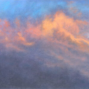 This is a signed limited edition print of an original soft pastel painting by artist Michael Howley. The subject of the painting is a panoramic strip of pure skyscape. A pink and grey cloud formation, rolls across a blue sky, catching the warmth of the evening sun.