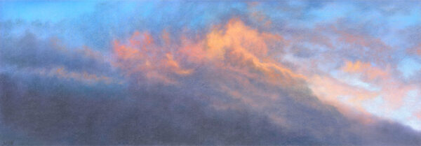 This is a signed limited edition print of an original soft pastel painting by artist Michael Howley. The subject of the painting is a panoramic strip of pure skyscape. A pink and grey cloud formation, rolls across a blue sky, catching the warmth of the evening sun.