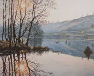 This is a signed limited edition print of an original soft pastel painting by artist Michael Howley. The subject of the painting is a tranquil view across Tarn Hows with bare trees to the left through which the sun is shining, To the right is a pastel blue-green hillside which is perfectly reflected in the still waters. It is a very gentle and serene image.