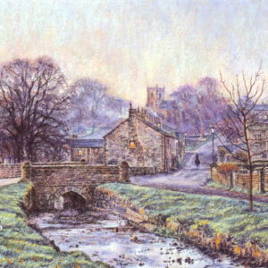 This is a signed limited edition print of an original soft pastel painting by artist Michael Howley. The subject of the painting is the sleepy village of Downham with its stone cottages and smoking chimneys. A stream leads us to the small bridge and the village beyond. There are winter trees to the left and distant trees on the horizon coloured in hazy blues, purples and pinks. The soft bright morning sky in blues and pinks has an impressionist feel about it. There are ducks on the grassy foreground bank to the left and a horse and rider heading up the main street,