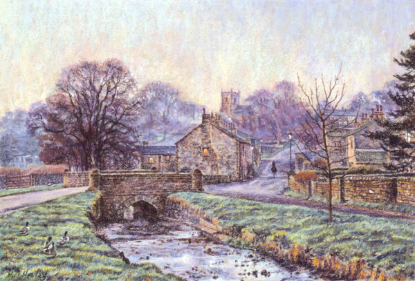 This is a signed limited edition print of an original soft pastel painting by artist Michael Howley. The subject of the painting is the sleepy village of Downham with its stone cottages and smoking chimneys. A stream leads us to the small bridge and the village beyond. There are winter trees to the left and distant trees on the horizon coloured in hazy blues, purples and pinks. The soft bright morning sky in blues and pinks has an impressionist feel about it. There are ducks on the grassy foreground bank to the left and a horse and rider heading up the main street,