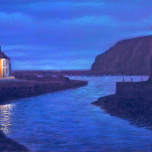 This is a signed limited edition print of an original soft pastel painting by artist Michael Howley. The subject of the painting is a low-key view across Staithes Harbour. The sky and reflections are mainly in darkening blues which contrast with warm orange toned lights from one or two of the cottages. There is a dark purple-grey headland to the right and a tall cottage with a low wall which is darkly silhouetted against the background.