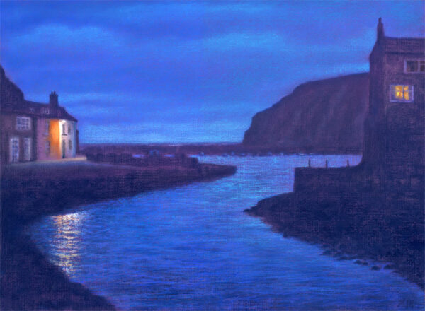 This is a signed limited edition print of an original soft pastel painting by artist Michael Howley. The subject of the painting is a low-key view across Staithes Harbour. The sky and reflections are mainly in darkening blues which contrast with warm orange toned lights from one or two of the cottages. There is a dark purple-grey headland to the right and a tall cottage with a low wall which is darkly silhouetted against the background.