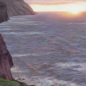 This is a signed limited edition print of an original soft pastel painting by artist Michael Howley. The subject of the painting is a softly atmospheric evening seascape as the sun goes down behind the horizon. There is a white glow at the centre of the sun graduating through soft reds, oranges and pinks which permeate the purple grey clouds above. The pink tones are reflected on the crest of the waves which are otherwise coloured in purple-greys and blue-greys. The view is towards Boulby Cliffs from Staithes with the headland in dark purple-greys to the left.