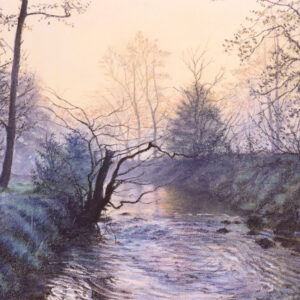 This is a signed limited edition print of an original soft pastel painting by artist Michael Howley. The subject of the painting is a beck or stream in the early misty morning. There are ripples in the foreground with still water reflections in the distance. The misty light softly glows through bare trees and the dark shape of a tree stump juts out of the left bank. Sky colours are soft creams, pinks, blues and purples and the landscape is softened by misty blue tones.