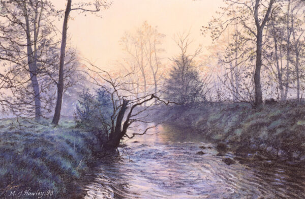 This is a signed limited edition print of an original soft pastel painting by artist Michael Howley. The subject of the painting is a beck or stream in the early misty morning. There are ripples in the foreground with still water reflections in the distance. The misty light softly glows through bare trees and the dark shape of a tree stump juts out of the left bank. Sky colours are soft creams, pinks, blues and purples and the landscape is softened by misty blue tones.