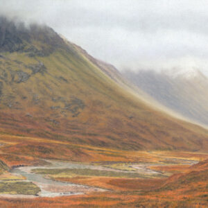 This is a signed limited edition print of an original soft pastel painting by artist Michael Howley. The subject of the painting is a view of the steep slopes of Glen Coe in Autumn colours of red-browns and capped by misty clouds in light greys. A stream leads the eye into the picture and the softer tones of the distant mountains create a sense of atmospheric distance.