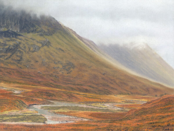 This is a signed limited edition print of an original soft pastel painting by artist Michael Howley. The subject of the painting is a view of the steep slopes of Glen Coe in Autumn colours of red-browns and capped by misty clouds in light greys. A stream leads the eye into the picture and the softer tones of the distant mountains create a sense of atmospheric distance.