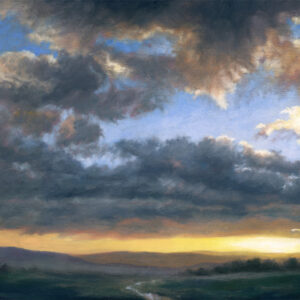 This is a signed limited edition print of an original soft pastel painting by artist Michael Howley. The subject of the painting is a broad evening skyscape with a dark strip of moorland at the bottom. Dark grey clouds roll across a b lue sky and below them the sky glows with the colours of sunset. The bright sun to the right creates highlights on the edges of clouds above.