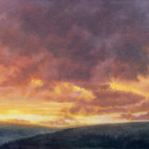 This is a signed limited edition print of an original soft pastel painting by artist Michael Howley. The subject of the painting is a broad sunset skyscape with a dark strip of moorland at the bottom. The blue sky is mostly covered by rolling clouds with purple-grey shadows and golden yellow, orange, pink and red highlights.