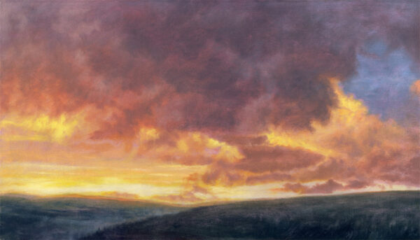 This is a signed limited edition print of an original soft pastel painting by artist Michael Howley. The subject of the painting is a broad sunset skyscape with a dark strip of moorland at the bottom. The blue sky is mostly covered by rolling clouds with purple-grey shadows and golden yellow, orange, pink and red highlights.