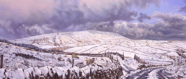 This is a signed limited edition print of an original soft pastel painting by artist Michael Howley. The subject of the painting is a wide view of Pedle Hill in the snow (above Barley) against a cloudy sky. In the foreground, sheep are grazing and a country track runs off to the left with dry stone walling. The clouds are blue-greys and magenta hues.