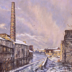 This is a signed limited edition print of an original soft pastel painting by artist Michael Howley. The subject of the painting is a picture of an old stone lancashire textile mill in the Weaver's Triangle, Burnley. There is a dusting of snow on the roof and ground and the sky appears to be moving with shades of light blue-grey and peachy-pinks. The textures of the mill are reflected in the canal as is the tall chimney to the left.