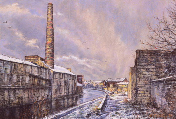 This is a signed limited edition print of an original soft pastel painting by artist Michael Howley. The subject of the painting is a picture of an old stone lancashire textile mill in the Weaver's Triangle, Burnley. There is a dusting of snow on the roof and ground and the sky appears to be moving with shades of light blue-grey and peachy-pinks. The textures of the mill are reflected in the canal as is the tall chimney to the left.