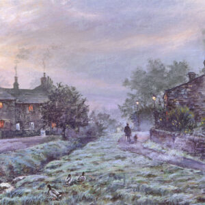 This is a signed limited edition print of an original soft pastel painting by artist Michael Howley. The subject of the painting is cottages in Downham village with lights in the windows against soft early morning misty sky in pinks and purple-greys.. A stream leads in from the left and there is frost on the grass. A figure is walking towards the cottages and there is smoke coming out of the chimneys. The whole painting has an atmospheric and nostalgic feel to it.