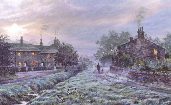 This is a signed limited edition print of an original soft pastel painting by artist Michael Howley. The subject of the painting is cottages in Downham village with lights in the windows against soft early morning misty sky in pinks and purple-greys.. A stream leads in from the left and there is frost on the grass. A figure is walking towards the cottages and there is smoke coming out of the chimneys. The whole painting has an atmospheric and nostalgic feel to it.