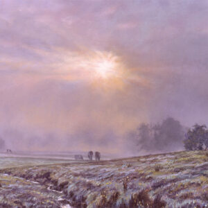 This is a signed limited edition print of an original soft pastel painting by artist Michael Howley. The subject of the painting is a very atmospheric misty morning scene across the fields as the pastel orange sun tries to break through the purple grey layers of mist. Tree forms are softened in the mist and the forms of cattle can be seen emerging. There is a frosty coating on the grass.