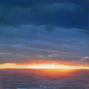 This is a signed limited edition print of an original soft pastel painting by artist Michael Howley. The subject of the painting is of an intense sunset glow in oranges and reds at the horizon between sky and sea. The horizon is low and the cloudy sky above is in tones of deep indigo which are reflected in the sea. The picture is in portrait format.