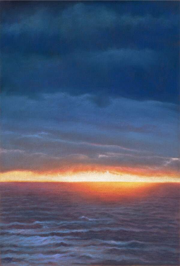 This is a signed limited edition print of an original soft pastel painting by artist Michael Howley. The subject of the painting is of an intense sunset glow in oranges and reds at the horizon between sky and sea. The horizon is low and the cloudy sky above is in tones of deep indigo which are reflected in the sea. The picture is in portrait format.