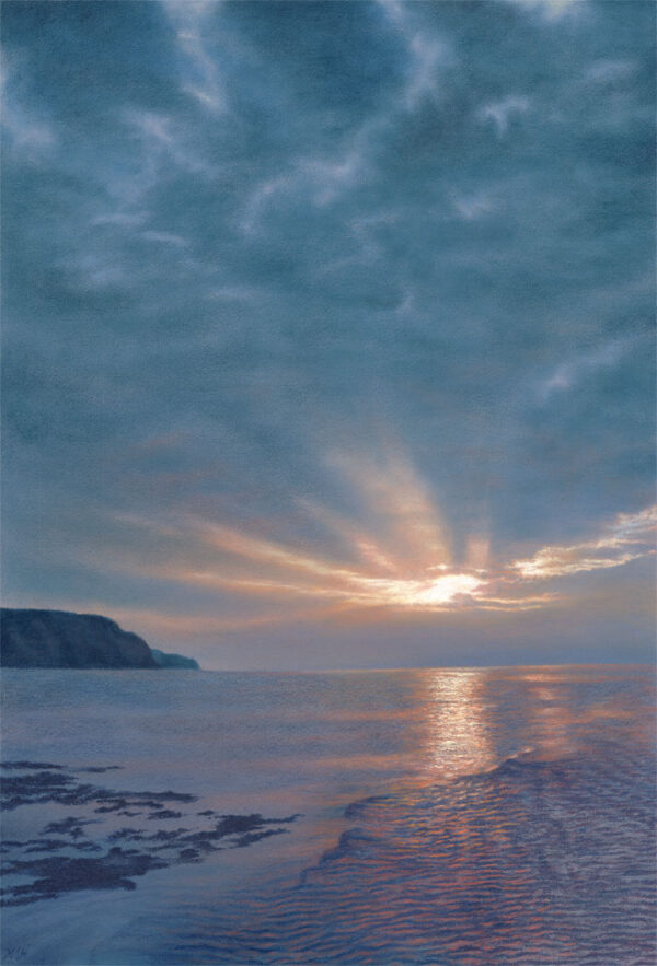 This is a signed limited edition print of an original soft pastel painting by artist Michael Howley. The subject of the painting is an atmospheric evening seascape of Boulby Cliffs from Staithes. It shows a low sunburst over the sea with softly broken blue-grey clouds above and a headland to the left. The blue-greys, pastel reds and white are reflected in the broken surface of the water.