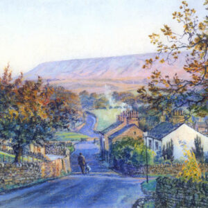 This is a signed limited edition print of an original soft pastel painting by artist Michael Howley. The subject of the painting is an autunm view down the main street of Downham Village with Pendle Hill in the background. A figure is walking his dog into the scene. The sky is bright with pastel blues and pinks, the hill is a slightly deeper pastel blue and pink and the foreground trees are coloured with autumn browns and oranges which contrast with the cool blue tones of the road.