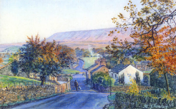 This is a signed limited edition print of an original soft pastel painting by artist Michael Howley. The subject of the painting is an autunm view down the main street of Downham Village with Pendle Hill in the background. A figure is walking his dog into the scene. The sky is bright with pastel blues and pinks, the hill is a slightly deeper pastel blue and pink and the foreground trees are coloured with autumn browns and oranges which contrast with the cool blue tones of the road.