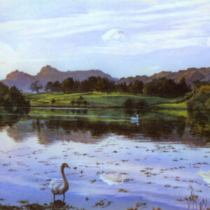 This is a signed limited edition print of an original soft pastel painting by artist Michael Howley. The subject of the painting is a swan set against the backdrop of a lake view of Derwentwater as evening falls in Autumn. The sky is a soft but bright blue with white clouds, all perfectly reflected in the still water. There are hazy purple grey hills in the distance and the distant banking has a low key autumnal warmth and fields which reflect the evening light.