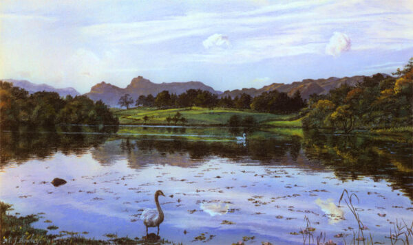 This is a signed limited edition print of an original soft pastel painting by artist Michael Howley. The subject of the painting is a swan set against the backdrop of a lake view of Derwentwater as evening falls in Autumn. The sky is a soft but bright blue with white clouds, all perfectly reflected in the still water. There are hazy purple grey hills in the distance and the distant banking has a low key autumnal warmth and fields which reflect the evening light.