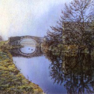 This is a signed limited edition print of an original soft pastel painting by artist Michael Howley. The subject of the painting is a scene of a bridge over the canal with a barn and autumn trees to the right. It is bathed in a gentle early morning light and the clear still blue reflections contrast with the autumn colours of the grassy bank.