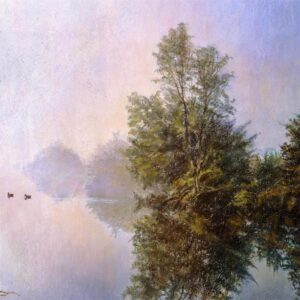 This is a signed limited edition print of an original soft pastel painting by artist Michael Howley. The subject of the painting is a misty morning scene in Autumn, showing trees along the banks of the canal which gradually fade into the mist. The Blue sky is lightened to the left as the sun tries to break through the mist with hues of light cream and soft pinks. These colours are reflected in the still waters of the canal and the colours of the banking are golden browns and muted greens.