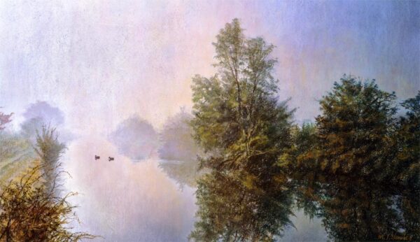 This is a signed limited edition print of an original soft pastel painting by artist Michael Howley. The subject of the painting is a misty morning scene in Autumn, showing trees along the banks of the canal which gradually fade into the mist. The Blue sky is lightened to the left as the sun tries to break through the mist with hues of light cream and soft pinks. These colours are reflected in the still waters of the canal and the colours of the banking are golden browns and muted greens.