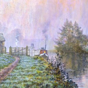 This is a signed limited edition print of an original soft pastel painting by artist Michael Howley. The subject of the painting is a view of the canal on a misty autumn morning with a barge moored on the left with a light in the window and smoke coming out of the chimney. There is also a path leading to a gate and a small stone building on the left bank. On the right bank is a bushy tree and in the distance trees disappear into the mist. There are a few ducks floating on the canal. Sky colours range from creamy whites to pinks, blues and soft purples. The green grass has a slightly frosty look,