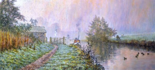 This is a signed limited edition print of an original soft pastel painting by artist Michael Howley. The subject of the painting is a view of the canal on a misty autumn morning with a barge moored on the left with a light in the window and smoke coming out of the chimney. There is also a path leading to a gate and a small stone building on the left bank. On the right bank is a bushy tree and in the distance trees disappear into the mist. There are a few ducks floating on the canal. Sky colours range from creamy whites to pinks, blues and soft purples. The green grass has a slightly frosty look,