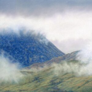 This is a signed limited edition print of an original soft pastel painting by artist Michael Howley. The subject of the painting is an atmospheric close-up view of the cloud capped mountain, Ben Nevis, emerging from the swirling mist. The Mountain is coloured with blue-greys and the foreground is a muted green colour with hints of red-brown and purple-grey.