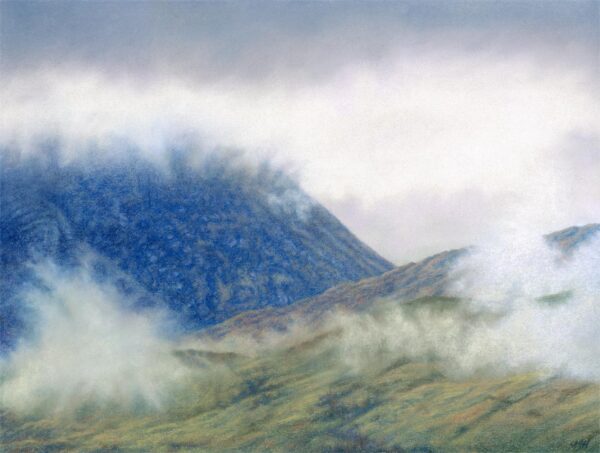 This is a signed limited edition print of an original soft pastel painting by artist Michael Howley. The subject of the painting is an atmospheric close-up view of the cloud capped mountain, Ben Nevis, emerging from the swirling mist. The Mountain is coloured with blue-greys and the foreground is a muted green colour with hints of red-brown and purple-grey.