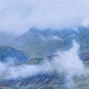 This is a signed limited edition print of an original soft pastel painting by artist Michael Howley. The subject of the painting is a very atmospheric lanscape view of Ben Nevis emerging from the clouds and mist. The mountain colours range from blue-greys to earthy greens and browns which contrst with the blue-whites of the swirling mist.