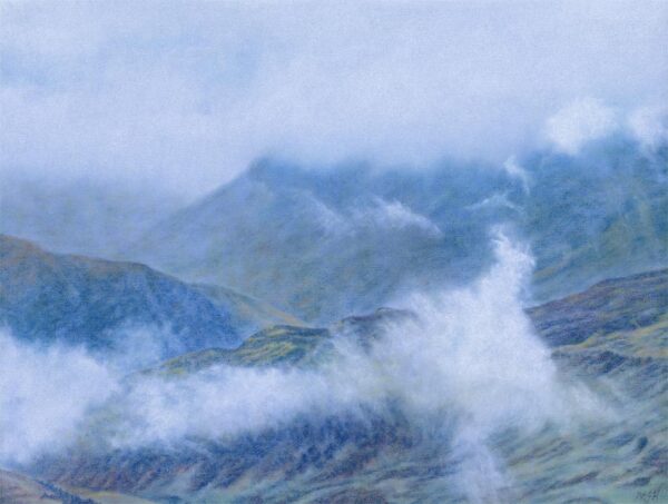 This is a signed limited edition print of an original soft pastel painting by artist Michael Howley. The subject of the painting is a very atmospheric lanscape view of Ben Nevis emerging from the clouds and mist. The mountain colours range from blue-greys to earthy greens and browns which contrst with the blue-whites of the swirling mist.