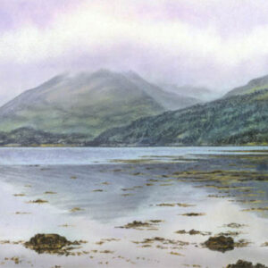 This is a signed limited edition print of an original soft pastel painting by artist Michael Howley. The subject of the painting is a panoramic view of Loch Linnhe with soft blue-grey and pinky grey clouds reflected in the still water. There are misty mountains in rhe distance and a mossy green banking to the right.