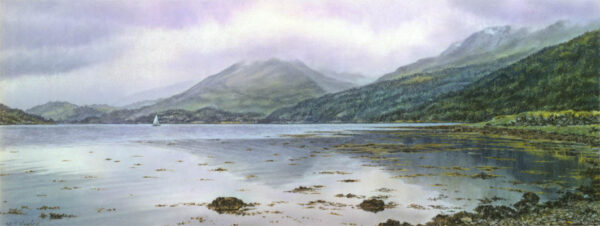 This is a signed limited edition print of an original soft pastel painting by artist Michael Howley. The subject of the painting is a panoramic view of Loch Linnhe with soft blue-grey and pinky grey clouds reflected in the still water. There are misty mountains in rhe distance and a mossy green banking to the right.